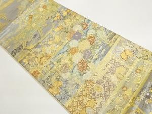 横段に草花・鳥・花筏模様織出し袋帯